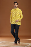 Printed cotton short kurta for men, stylish casual short kurta with floral print for men, men's ethnic printed short kurta, full sleeve cotton short kurta for men with intricate pattern, men's trendy printed kurta shirt for summer