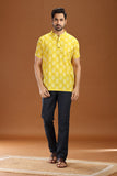 YELLOW PRINTED COTTON SHORT KURTA HALF SLEEVES