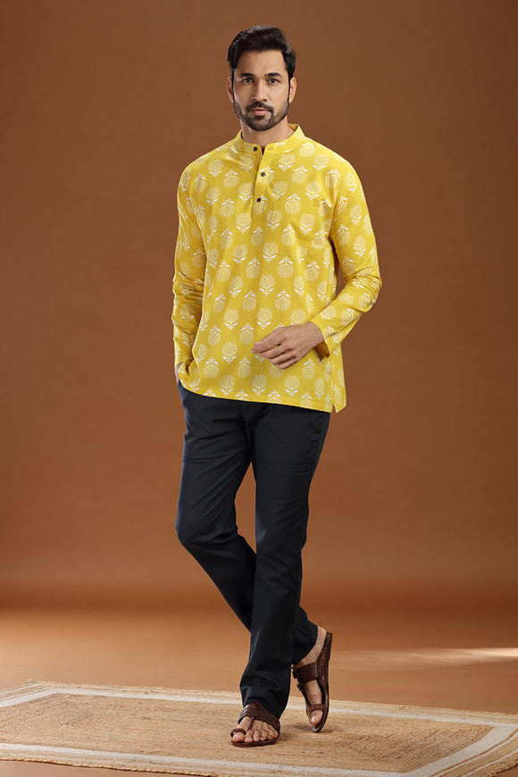 Printed cotton short kurta for men, stylish casual short kurta with floral print for men, men's ethnic printed short kurta, full sleeve cotton short kurta for men with intricate pattern, men's trendy printed kurta shirt for summer