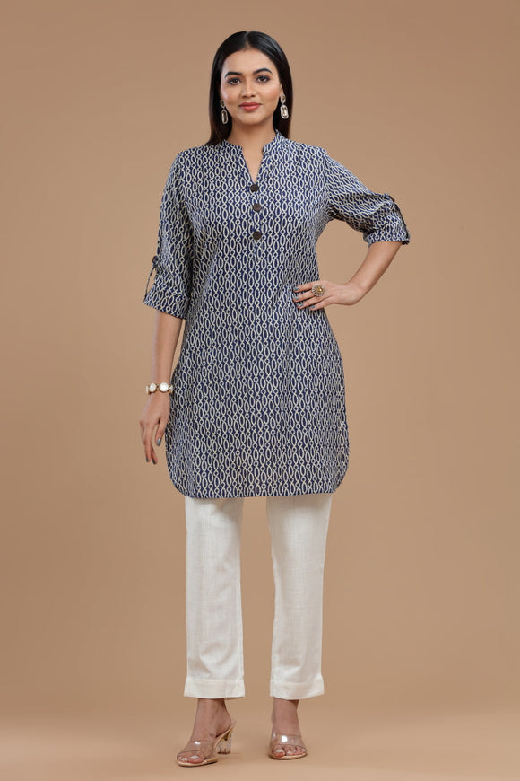 Block Printed Cotton Kurti for Women - Apple Cut, Roll-Up Sleeves and Coconut Buttons