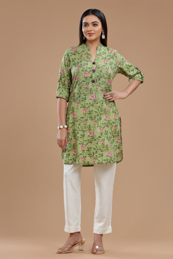 Block Printed Cotton Kurti for Women - Apple Cut, Roll-Up Sleeves and Coconut Buttons