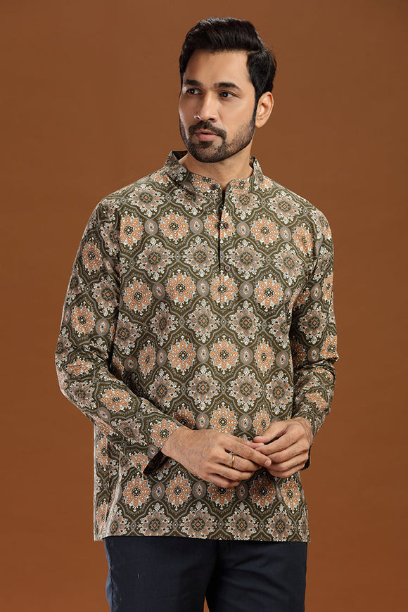 Printed cotton short kurta for men, stylish casual short kurta with floral print for men, men's ethnic printed short kurta, full sleeve cotton short kurta for men with intricate pattern, men's trendy printed kurta shirt for summer