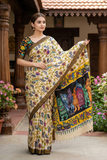 SRIKALAHASTI  PENKALAMKARI HANDPAINTED NATURAL DYED NELLORE SILK ZARI BORDER PEN KALAMKARI SAREE