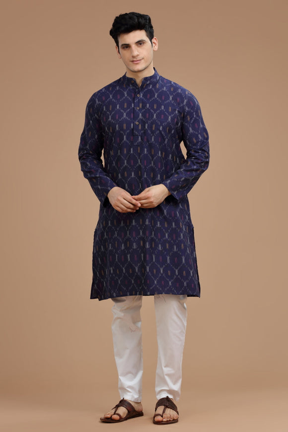 Ikat cotton long kurta for men, traditional wear, breathable fabric