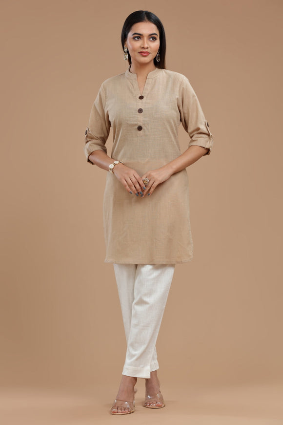 Slub Cotton Kurti for Women - Apple Cut, Roll-Up Sleeves and Coconut Buttons