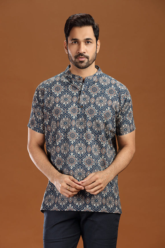 Printed cotton short kurta for men, stylish casual short kurta with floral print for men, men's ethnic printed short kurta in blue, full sleeve cotton short kurta for men with intricate pattern, men's trendy printed kurta shirt for summer