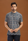 Printed cotton short kurta for men, stylish casual short kurta with floral print for men, men's ethnic printed short kurta in blue, full sleeve cotton short kurta for men with intricate pattern, men's trendy printed kurta shirt for summer