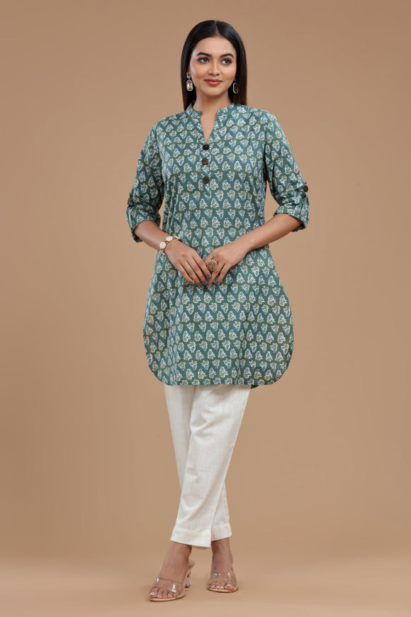 Block Printed Cotton Kurti for Women - Apple Cut, Roll-Up Sleeves and Coconut Buttons