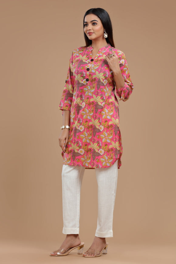 Block Printed Cotton Kurti for Women - Apple Cut, Roll-Up Sleeves and Coconut Buttons