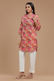 Block Printed Cotton Kurti for Women - Apple Cut, Roll-Up Sleeves and Coconut Buttons"