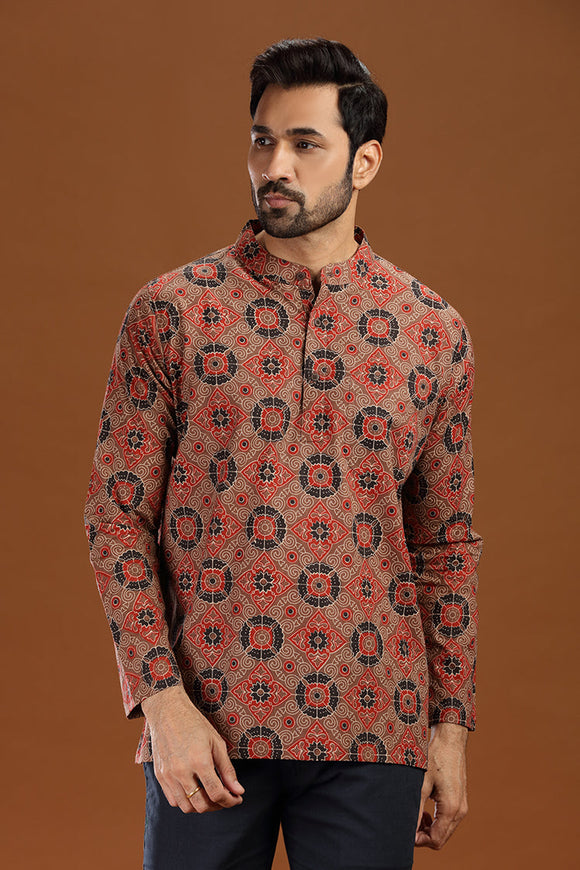 Printed cotton short kurta for men, stylish casual short kurta with floral print for men, men's ethnic printed short kurta, full sleeve cotton short kurta for men with intricate pattern, men's trendy printed kurta shirt for summer