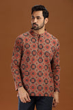 Printed cotton short kurta for men, stylish casual short kurta with floral print for men, men's ethnic printed short kurta, full sleeve cotton short kurta for men with intricate pattern, men's trendy printed kurta shirt for summer