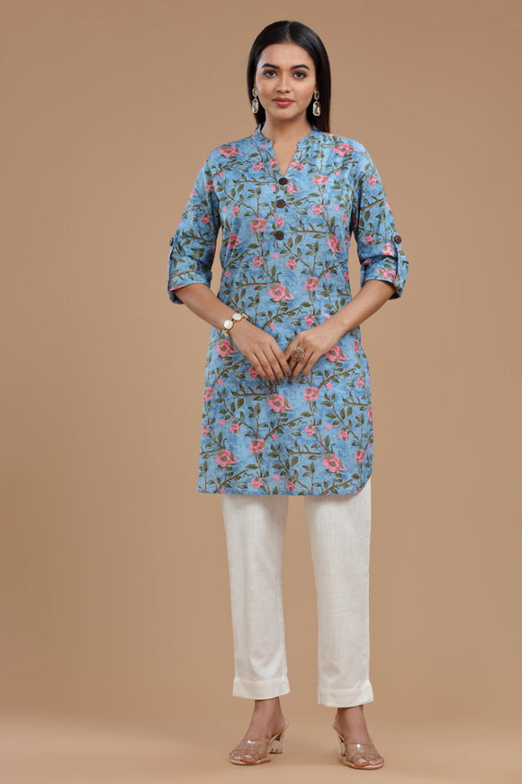 Block Printed Cotton Kurti for Women - Apple Cut, Roll-Up Sleeves and Coconut Buttons