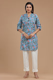 Block Printed Cotton Kurti for Women - Apple Cut, Roll-Up Sleeves and Coconut Buttons"