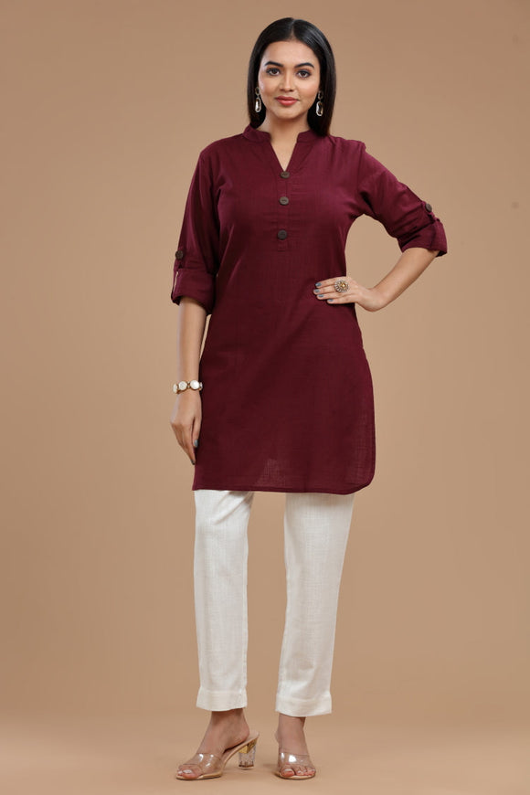 Slub Cotton Kurti for Women - Apple Cut, Roll-Up Sleeves and Coconut Buttons