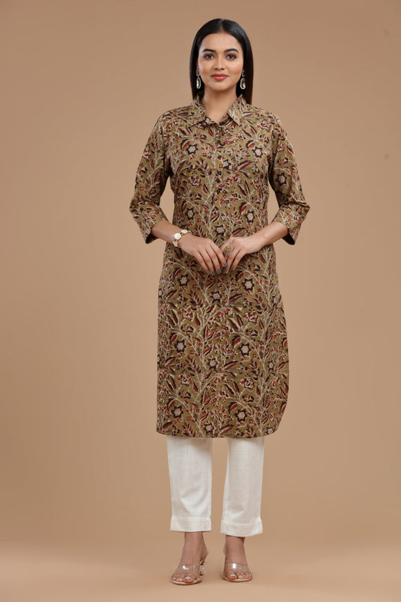 Kalamkari Cotton Kurti for Women - Apple Cut, Roll-Up Sleeves and Coconut Buttons