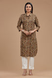 Kalamkari Cotton Kurti for Women - Apple Cut, Roll-Up Sleeves and Coconut Buttons"