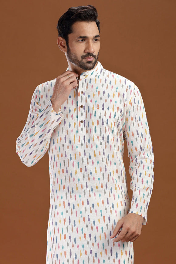 Ikat cotton long kurta for men, traditional wear, breathable fabric