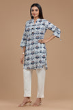 Block Printed Cotton Kurti for Women - Apple Cut, Roll-Up Sleeves and Coconut Buttons"