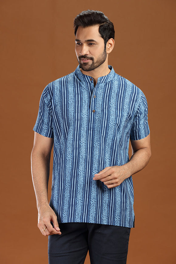 Printed cotton short kurta for men, stylish casual short kurta with floral print for men, men's ethnic printed short kurta in blue, full sleeve cotton short kurta for men with intricate pattern, men's trendy printed kurta shirt for summer