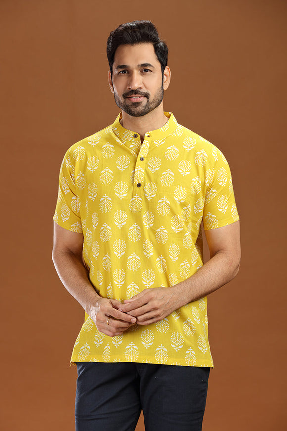 Printed cotton short kurta for men, stylish casual short kurta with floral print for men, men's ethnic printed short kurta in blue, full sleeve cotton short kurta for men with intricate pattern, men's trendy printed kurta shirt for summer