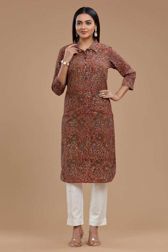 Kalamkari Cotton Kurti for Women - Apple Cut, Roll-Up Sleeves and Coconut Buttons