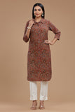 Kalamkari Cotton Kurti for Women - Apple Cut, Roll-Up Sleeves and Coconut Buttons"