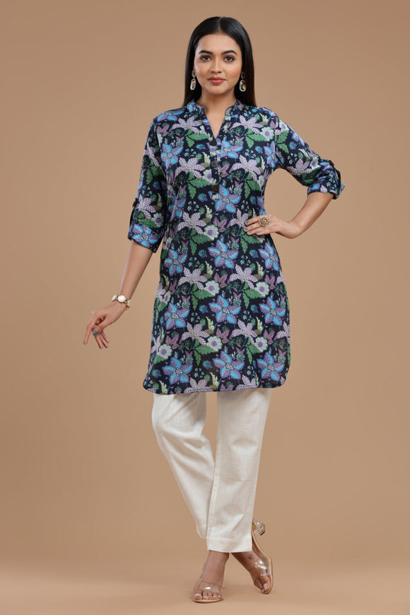 Block Printed Cotton Kurti for Women - Apple Cut, Roll-Up Sleeves and Coconut Buttons