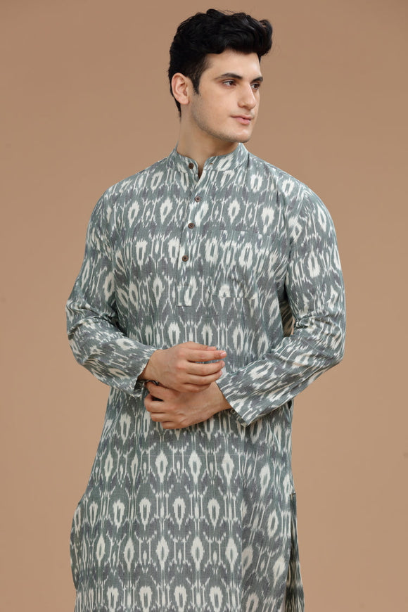 Ikat cotton long kurta for men, traditional wear, breathable fabric