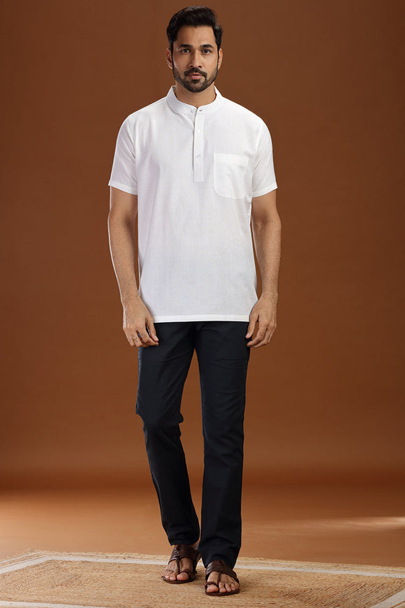 White handloom cotton short kurta for men, traditional wear, breathable fabric