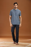 Printed cotton short kurta for men, stylish casual short kurta with floral print for men, men's ethnic printed short kurta in blue, full sleeve cotton short kurta for men with intricate pattern, men's trendy printed kurta shirt for summer