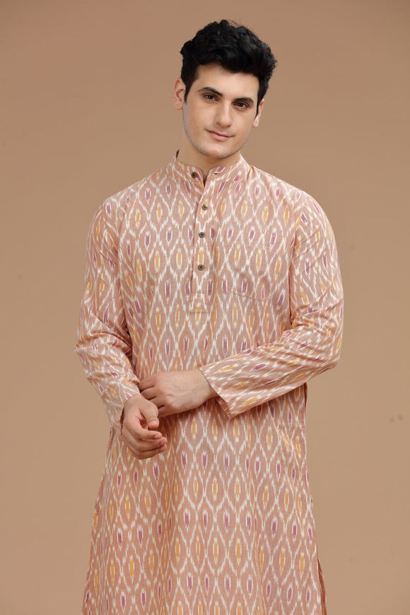 Ikat cotton long kurta for men, traditional wear, breathable fabric