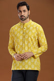 YELLOW PRINTED COTTON SHORT KURTA FULL SLEEVES