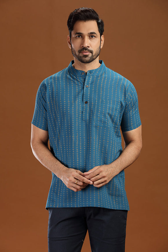 Printed cotton short kurta for men, stylish casual short kurta with floral print for men, men's ethnic printed short kurta in blue, full sleeve cotton short kurta for men with intricate pattern, men's trendy printed kurta shirt for summer