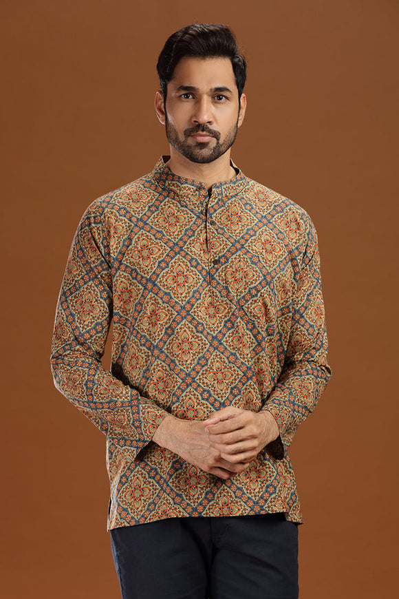 Printed cotton short kurta for men, stylish casual short kurta with floral print for men, men's ethnic printed short kurta, full sleeve cotton short kurta for men with intricate pattern, men's trendy printed kurta shirt for summer