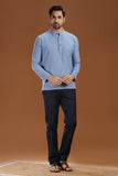 BLUE DOBBY COTTON SHORT KURTA FULL SLEEVES
