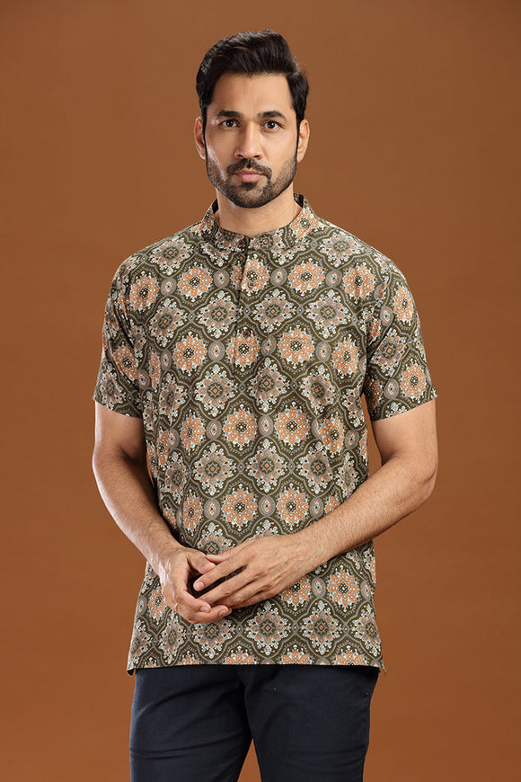Printed cotton short kurta for men, stylish casual short kurta with floral print for men, men's ethnic printed short kurta in blue, full sleeve cotton short kurta for men with intricate pattern, men's trendy printed kurta shirt for summer