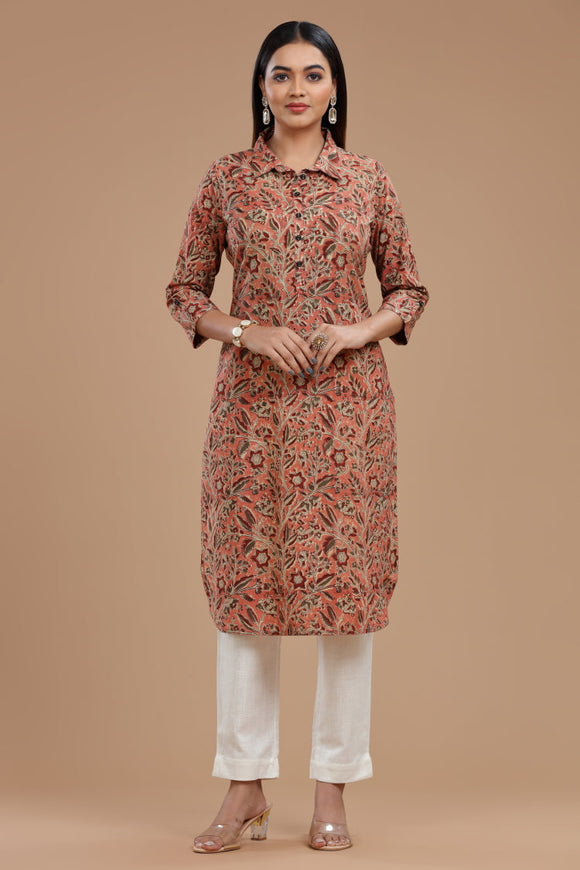 Kalamkari Cotton Kurti for Women - Apple Cut, Roll-Up Sleeves and Coconut Buttons