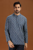 Printed cotton short kurta for men, stylish casual short kurta with floral print for men, men's ethnic printed short kurta, full sleeve cotton short kurta for men with intricate pattern, men's trendy printed kurta shirt for summer