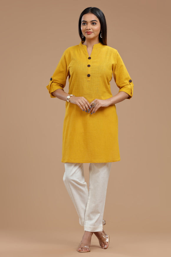 Slub Cotton Kurti for Women - Apple Cut, Roll-Up Sleeves and Coconut Buttons