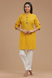 Slub Cotton Kurti for Women - Apple Cut, Roll-Up Sleeves and Coconut Buttons"