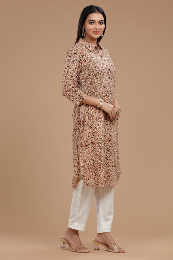 Kalamkari Cotton Kurti for Women - Apple Cut, Roll-Up Sleeves and Coconut Buttons