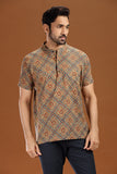 Printed cotton short kurta for men, stylish casual short kurta with floral print for men, men's ethnic printed short kurta in blue, full sleeve cotton short kurta for men with intricate pattern, men's trendy printed kurta shirt for summer
