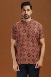 Printed cotton short kurta for men, stylish casual short kurta with floral print for men, men's ethnic printed short kurta in blue, full sleeve cotton short kurta for men with intricate pattern, men's trendy printed kurta shirt for summer