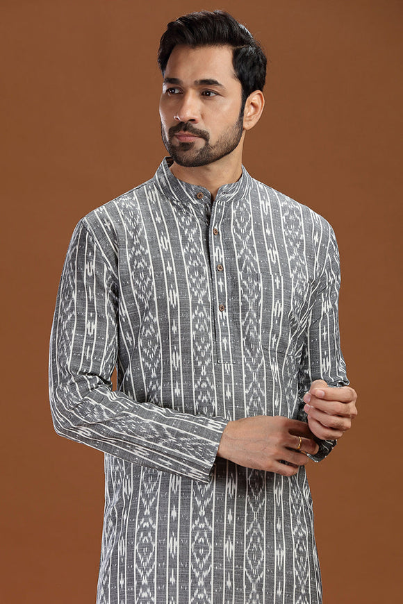 Ikat cotton long kurta for men, traditional wear, breathable fabric