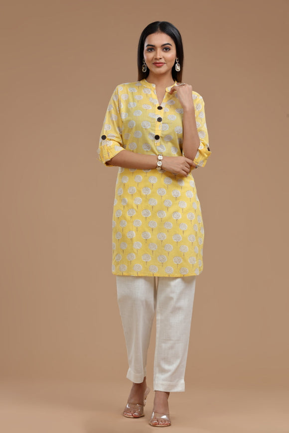 Block Printed Cotton Kurti for Women - Apple Cut, Roll-Up Sleeves and Coconut Buttons