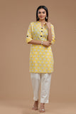 Block Printed Cotton Kurti for Women - Apple Cut, Roll-Up Sleeves and Coconut Buttons"