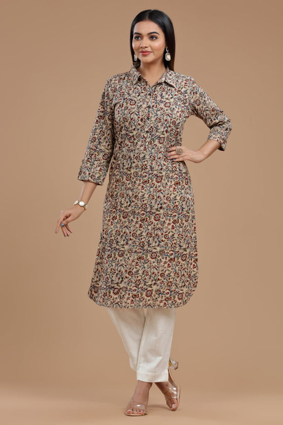 Kalamkari Cotton Kurti for Women - Apple Cut, Roll-Up Sleeves and Coconut Buttons