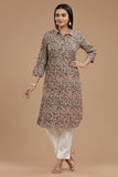 Kalamkari Cotton Kurti for Women - Apple Cut, Roll-Up Sleeves and Coconut Buttons"