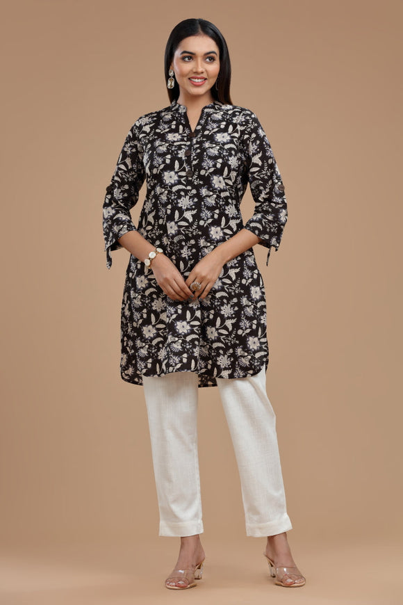 Block Printed Cotton Kurti for Women - Apple Cut, Roll-Up Sleeves and Coconut Buttons